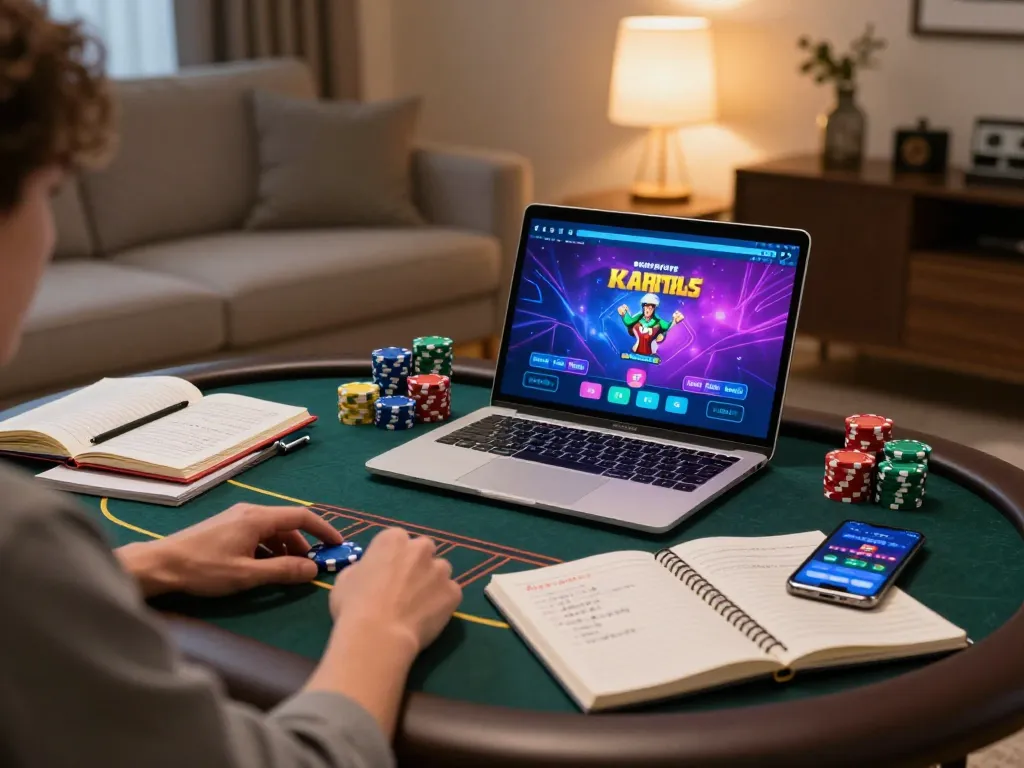 789 poker game in progress online on laptop with betting strategies noted.