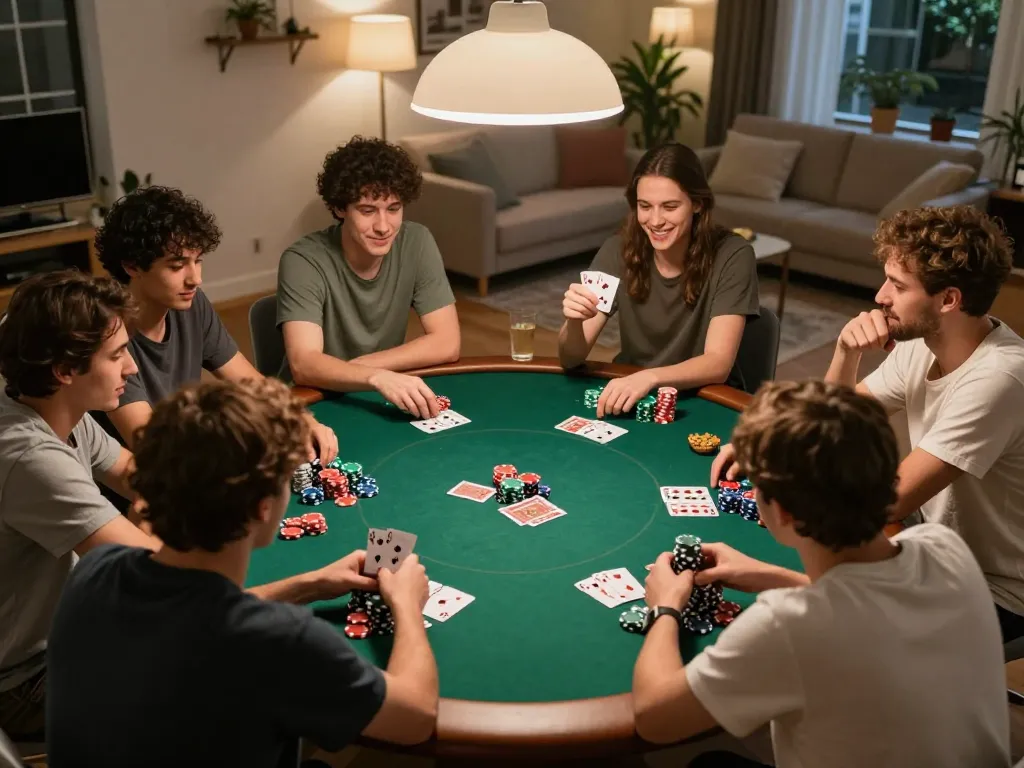 Friends enjoying intense poker gameplay at home while using 78wingo for betting strategy