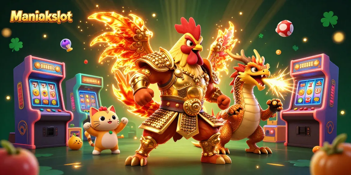Experience thrilling gameplay with Maniakslot, featuring a warrior rooster, dragon, and festive casino elements.