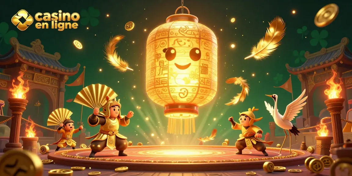 Expérience dynamique de casino en ligne avec des lanternes dorées et des combattants de papier.