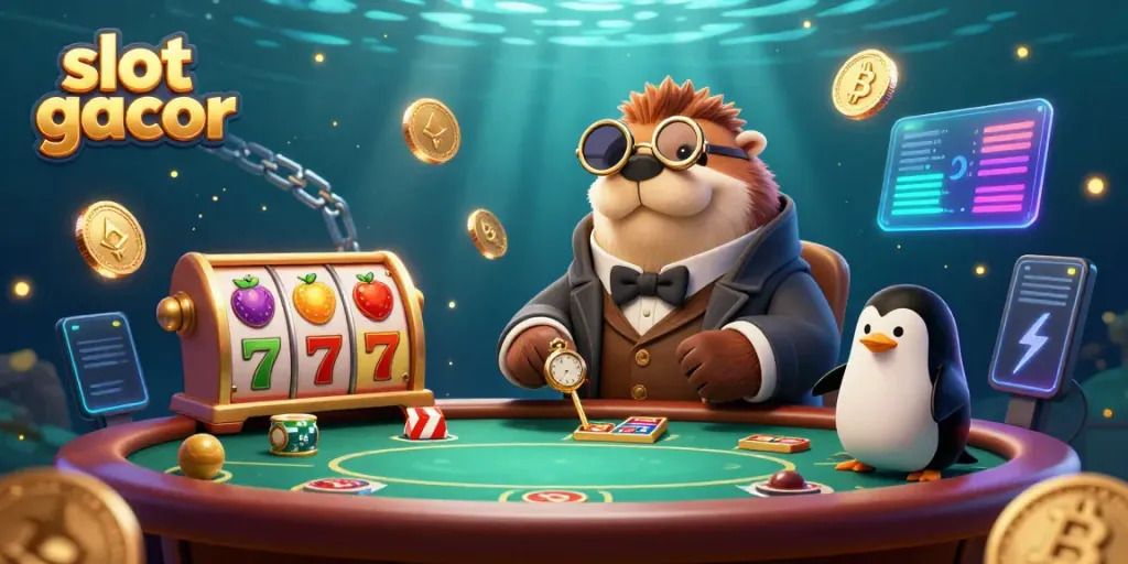 Slot gacor ditampilkan dengan karakter laut bermain kartu di meja poker, menggambarkan suasana kasino di bawah laut.