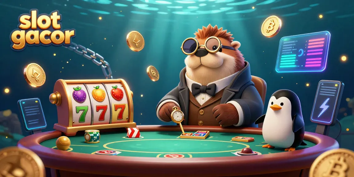 Slot gacor ditampilkan dengan karakter laut bermain kartu di meja poker, menggambarkan suasana kasino di bawah laut.