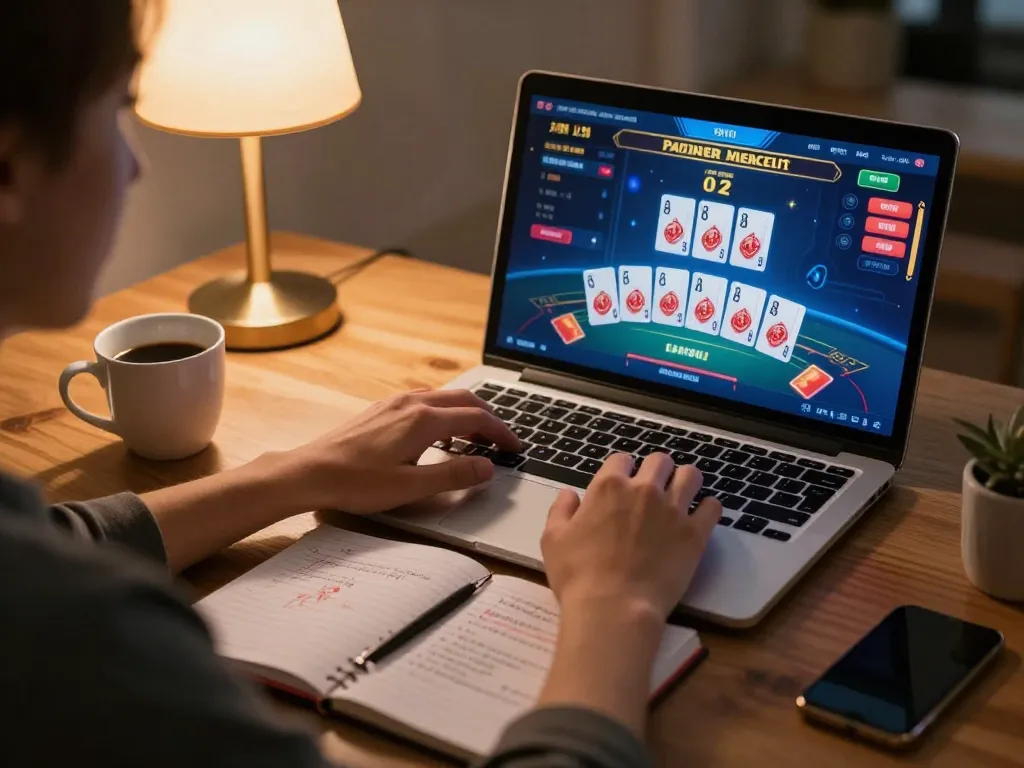 Trải nghiệm chơi game trực tuyến hấp dẫn tại luckywin với một người chơi tập trung vào chiến lược blackjack cùng với ghi chú.