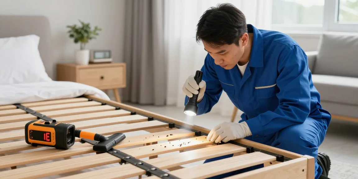 Bed bug exterminators conducting a thorough inspection in a home bedroom.