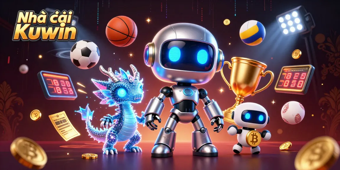 Play exciting games at Nhà cái Kuwin, featuring a vibrant 3D scene with a lively robot and sports elements.