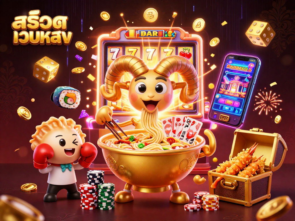 Experience the excitement of สล็อตเว็บตรง with a vibrant 3D casino illustration featuring bustling card games and jackpots.