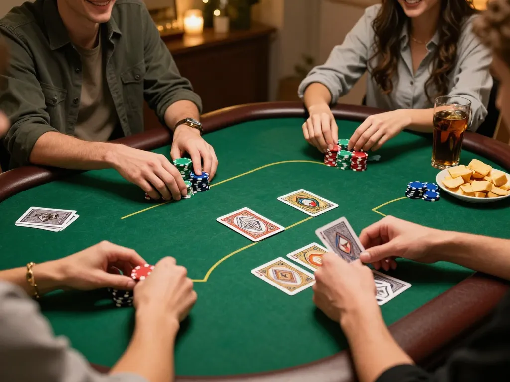 Friends enjoying a poker night at home, showcasing bk8's social gambling atmosphere and strategic gameplay.