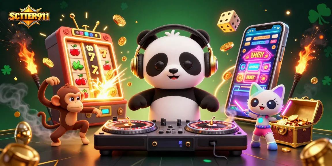 Experience the excitement of SCATTER911 with a vibrant casino party scene featuring a DJ panda and friends.