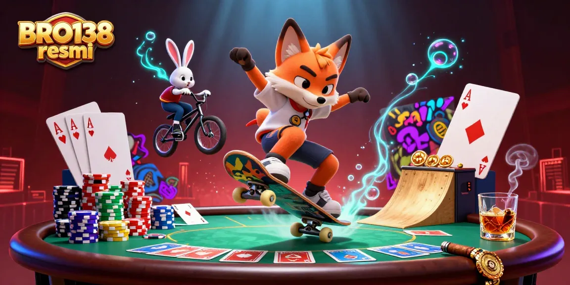 Engage with BRO138 resmi as the skateboarder fox flips over golden poker chips in a vibrant casino-themed scene.