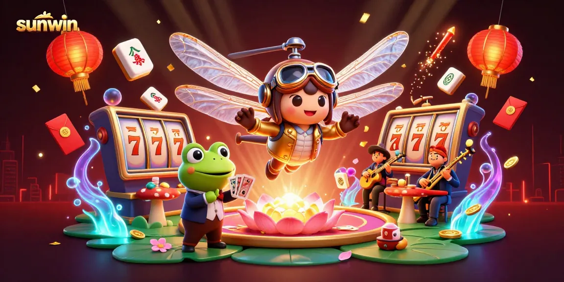 Experience thrilling gameplay with sunwin slots featuring a dragonfly pilot and frog croupier.