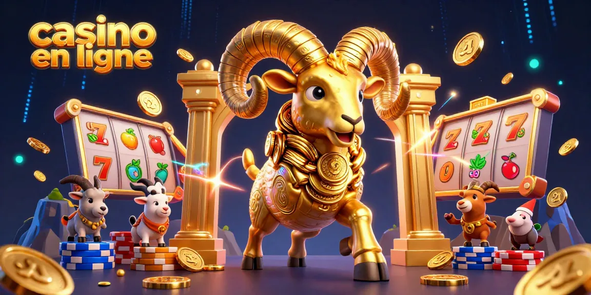 Jouer au casino en ligne avec des symboles de machines à sous, un bélier d'or et des pièces scintillantes.