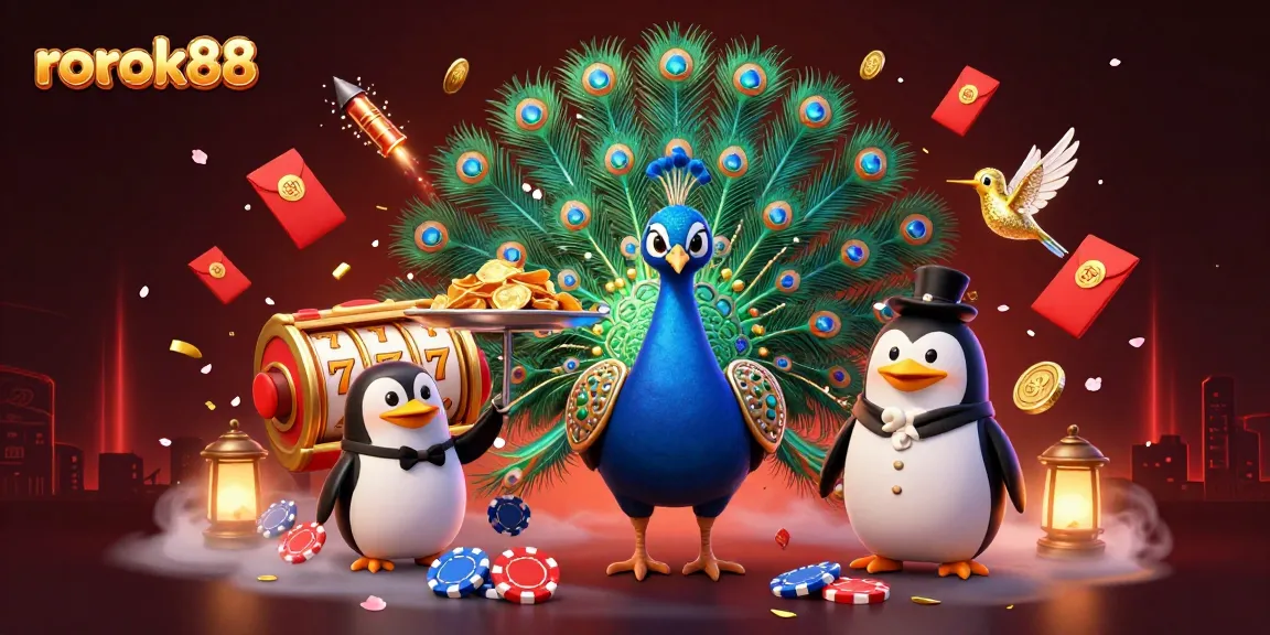 Engage with rokok88's vibrant casino adventure featuring a peacock and a penguin amidst golden chips and colorful fireworks.