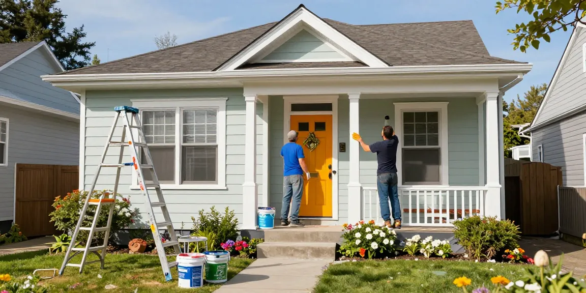 Painters in Portland Metro Area painting a home exterior with vibrant eco-friendly colors on a sunlit day.