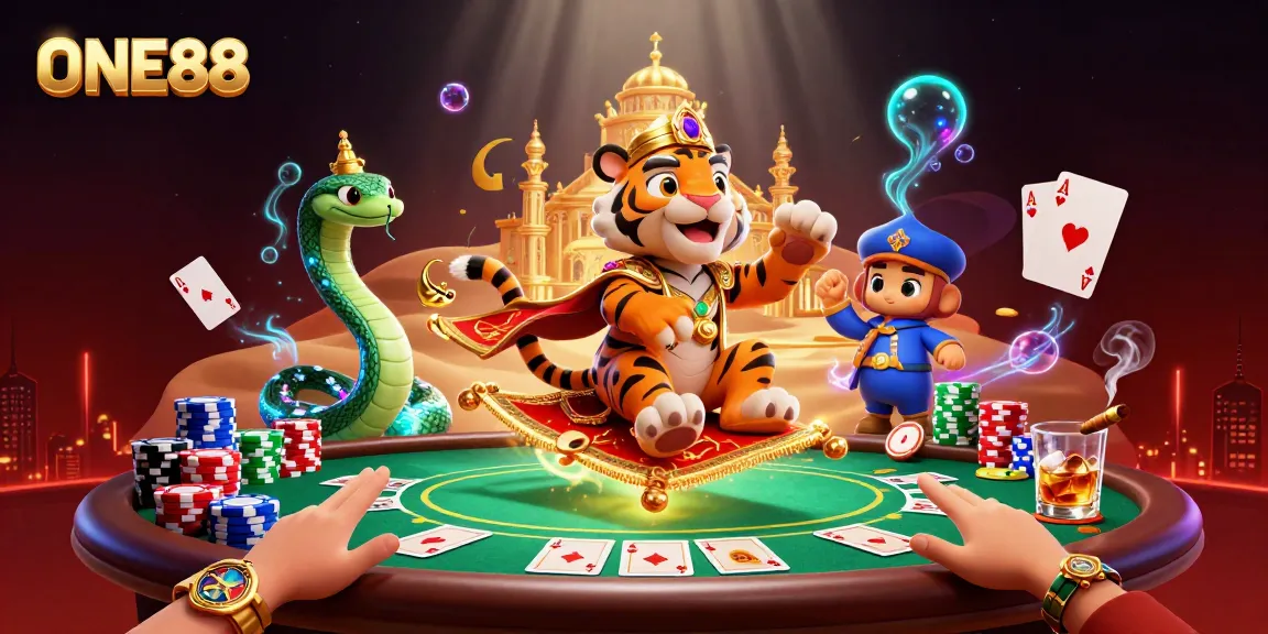 Play thrilling casino games at ONE88 surrounded by colorful poker chips and a magical atmosphere.