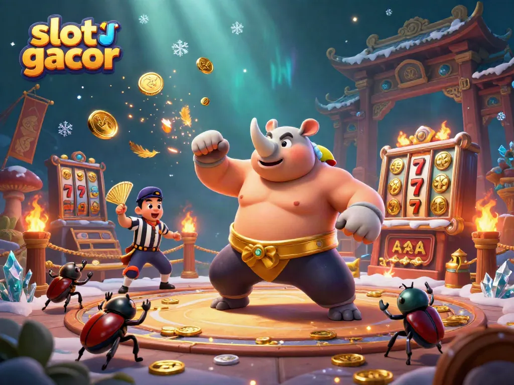 Experience the excitement of slot gacor with a vibrant illustration of a beetle-themed arena filled with slot reels and golden coins.