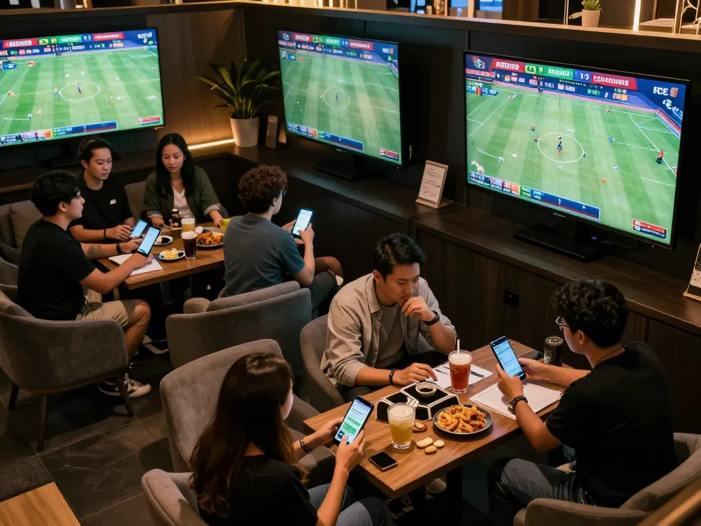 Engaged bettors analyze odds at a vibrant 88clbgo sports betting lounge.