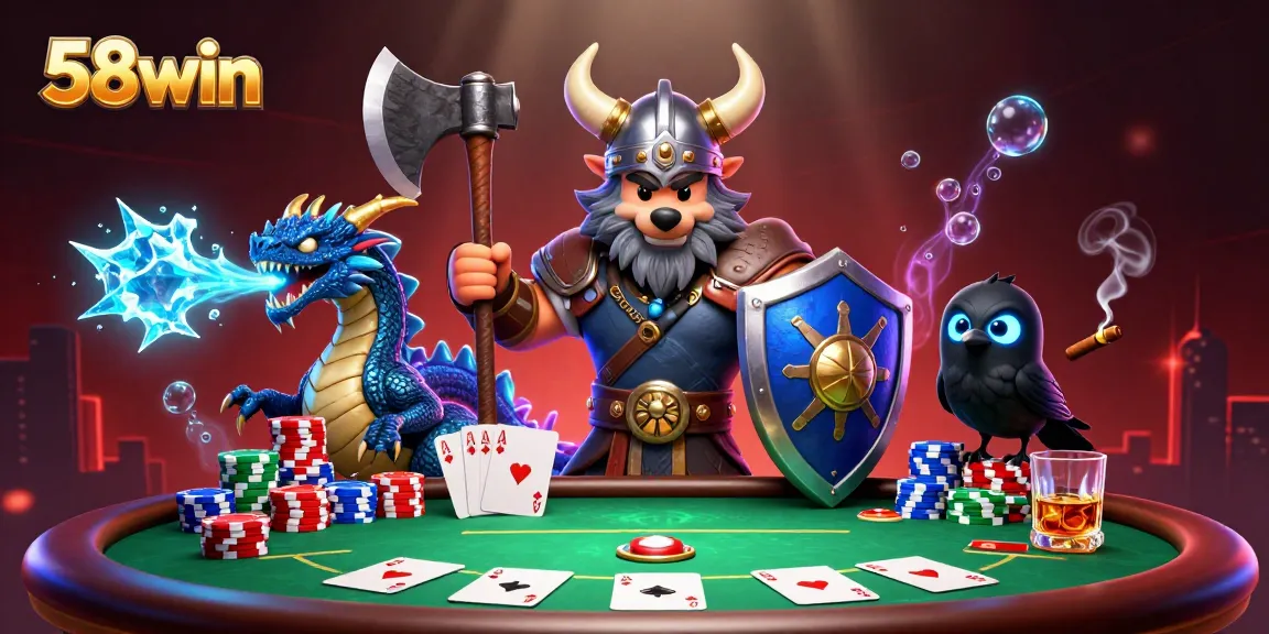 Play poker with 58win featuring a Viking wolf warrior, dragon, and vibrant casino elements