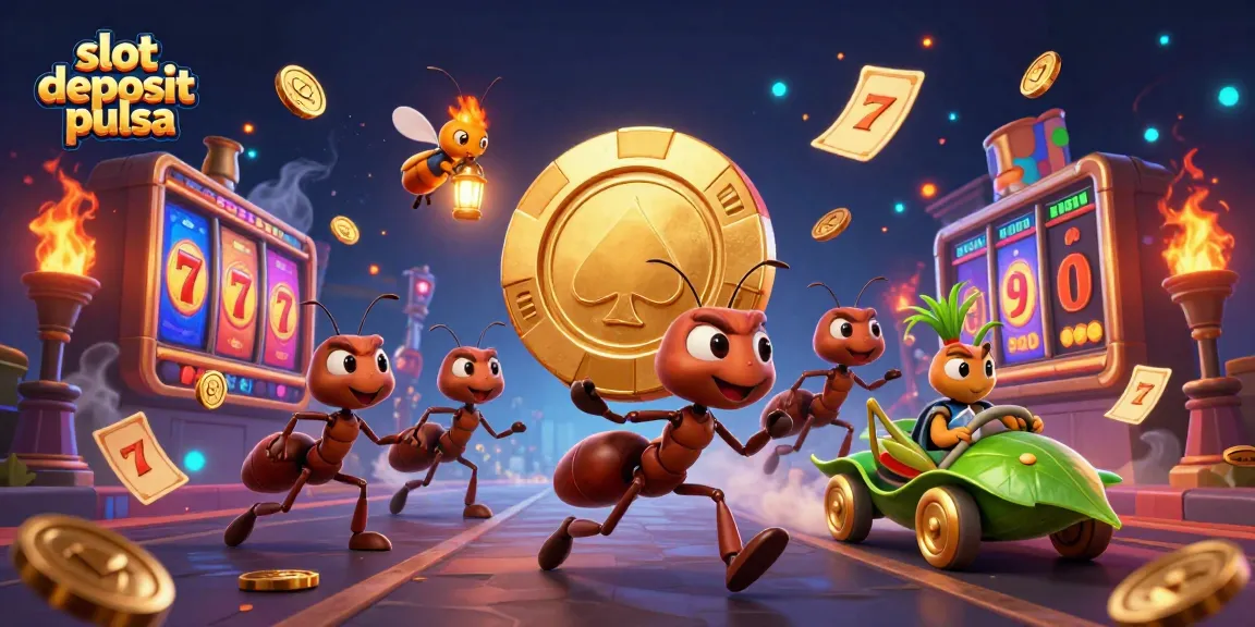 Visualisasi slot deposit pulsa dengan tim semut menjalankan misi membawa chip emas raksasa untuk menang jackpot.