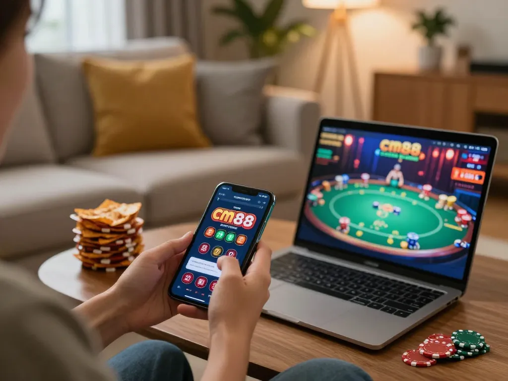 Player engaging with the cm88 casino app on their smartphone in a cozy home gaming setup