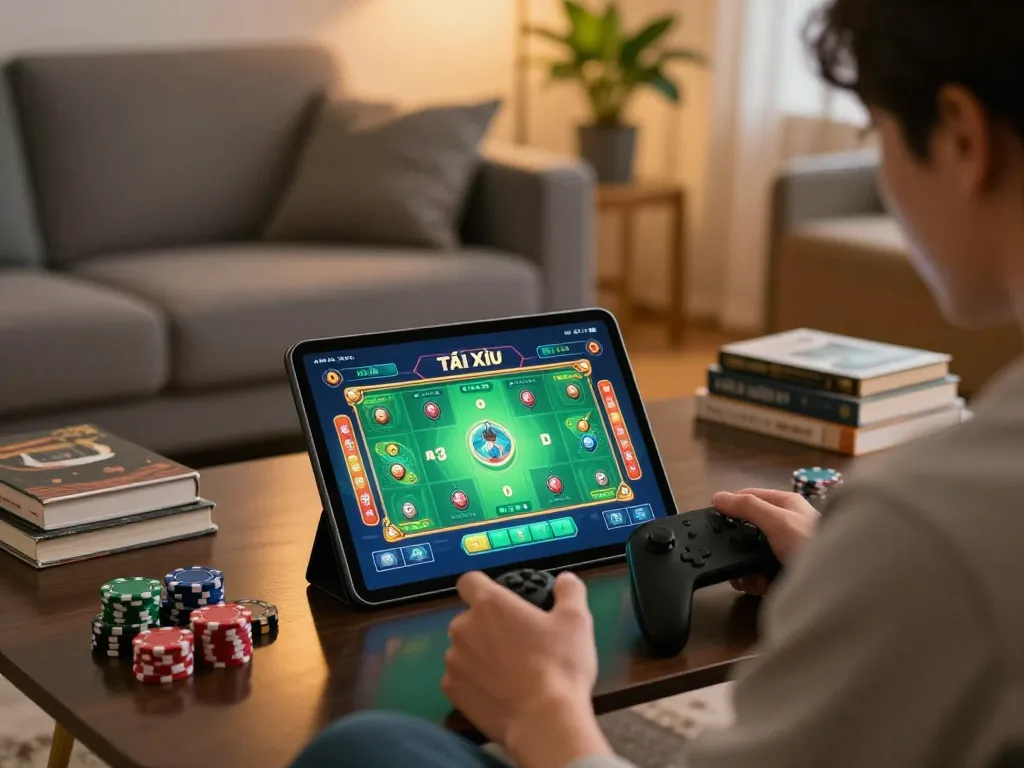 Tai Xiu Online gaming action at taixiuonline8 with tablet displaying game interface and chips on table.