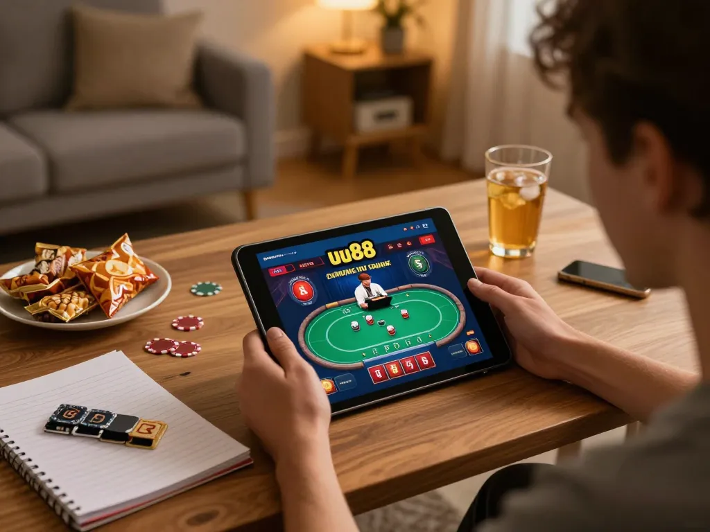 Play poker at uu88 with engaging gameplay on tablet in a cozy home environment.