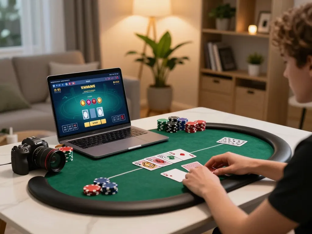 A cozy online poker gaming setup for 789win77 players at home, showcasing strategic gameplay on a laptop.
