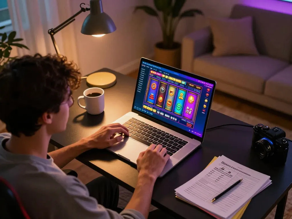 Player enjoying situs gacor slot game on laptop at home, highlighting engaging online gambling experience.