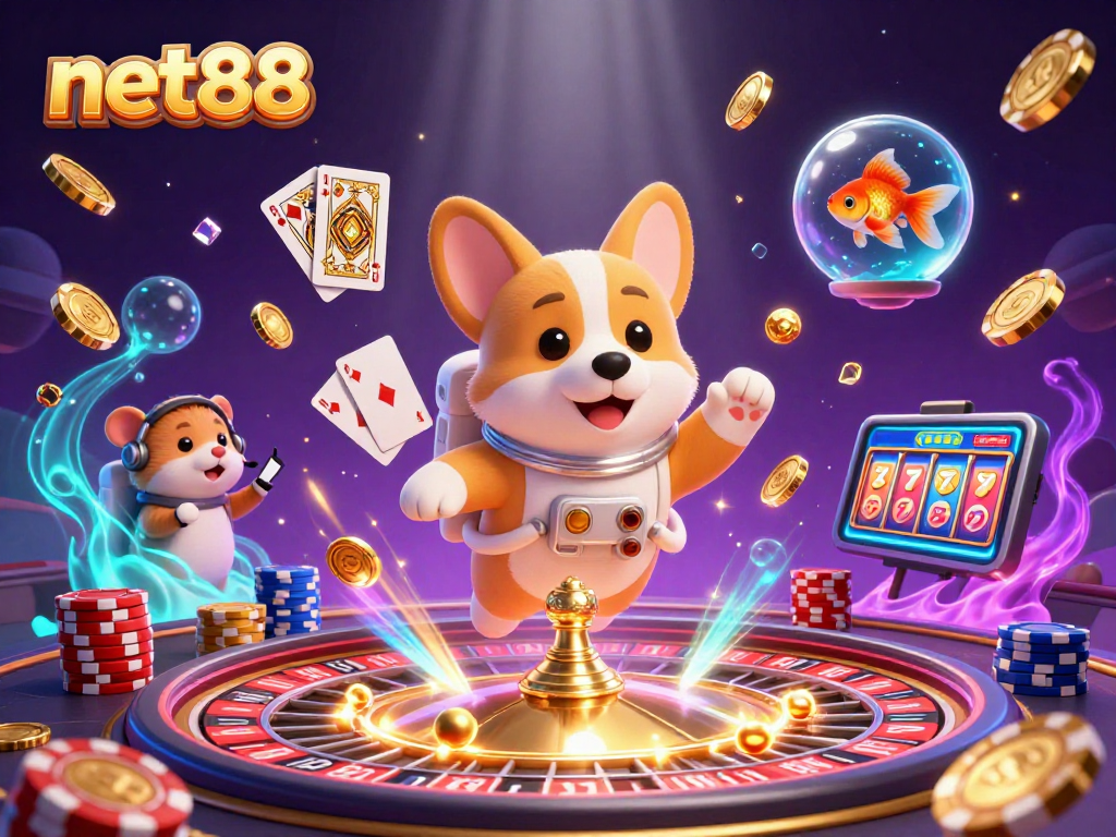 Experience excitement at net88 with a 3D casino scene featuring a playful astronaut corgi and dynamic gaming elements.