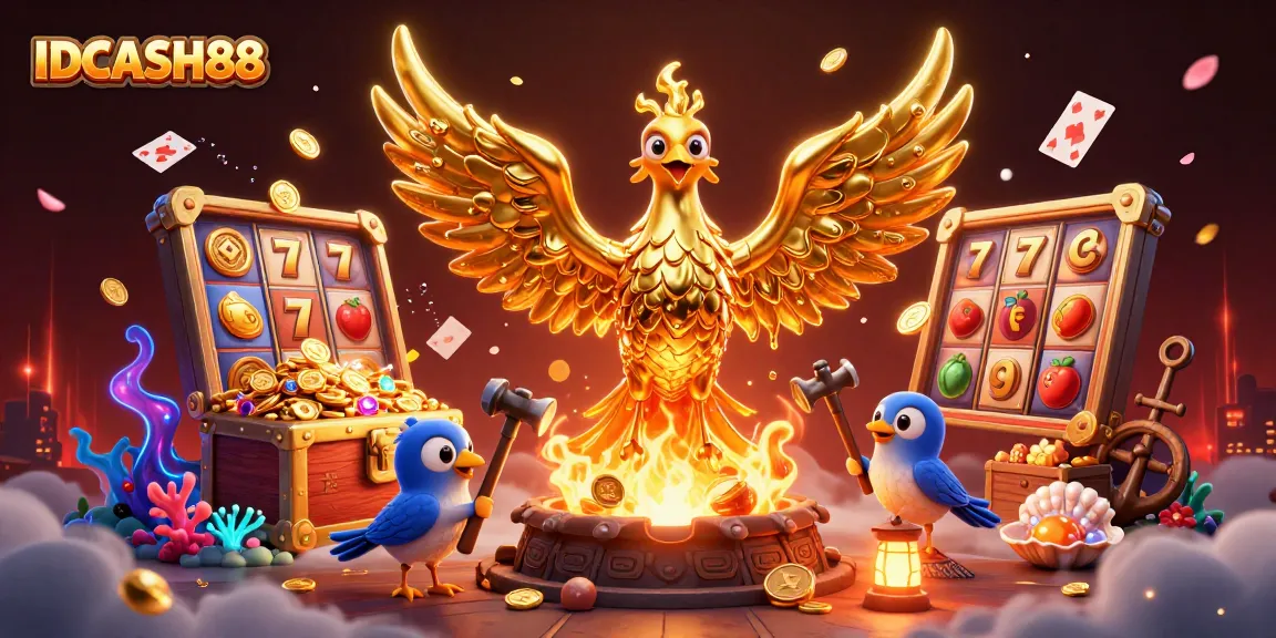 Experience the excitement of IDCASH88 with a vibrant showcase of gaming elements and characters.