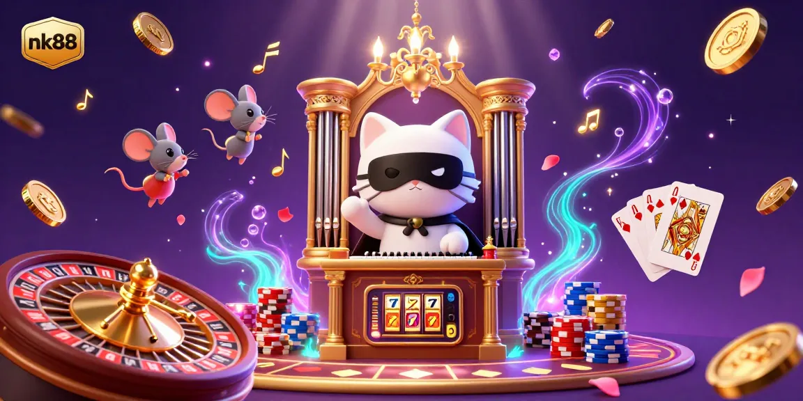 Engage with nk88's vibrant casino atmosphere showcasing a whimsical scene of a phantom cat, mouse acrobat, and casino elements.