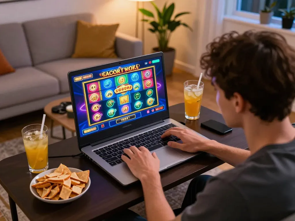 Experience the thrill of slot gacor gameplay in a cozy home environment with vibrant gaming interface.