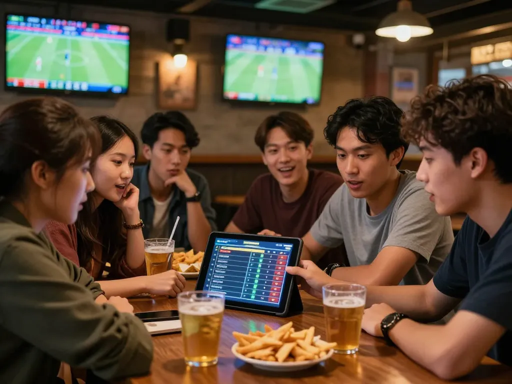 Excited friends engaging in sports betting, analyzing kèo nhà cái odds in a lively pub setting.