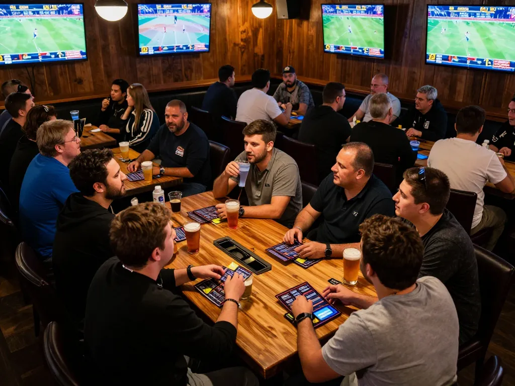 Experience the thrill of live sports betting at LLWIN with eager patrons analyzing odds in a vibrant bar atmosphere.