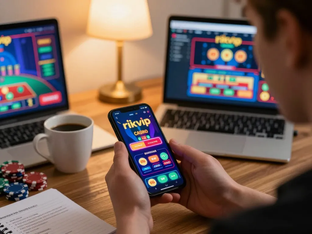 Engaging scene of a player using the rikvip app for online gambling, showcasing mobile casino gameplay.
