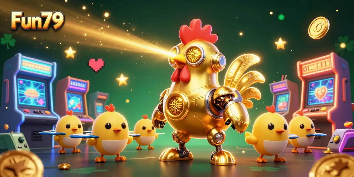 Engage with Fun79's thrilling fishing games featuring a golden rooster robot and adorable drone chicks.