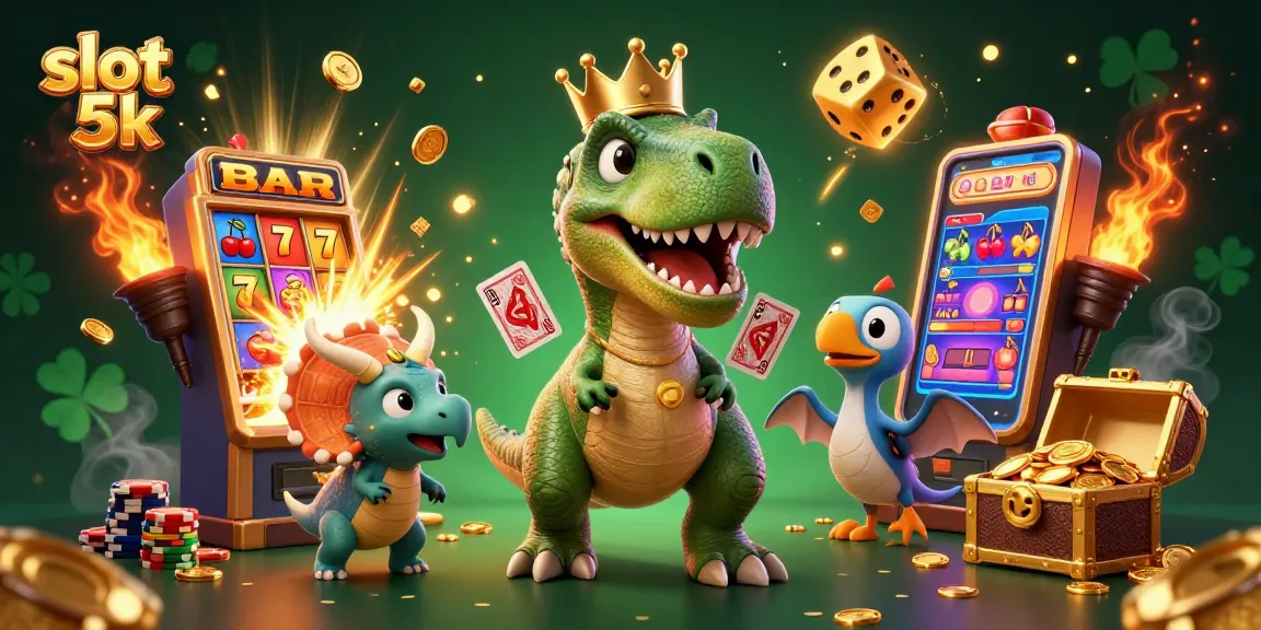 Play exciting slot 5k games with a T-Rex and casino characters in a vibrant 3D scene