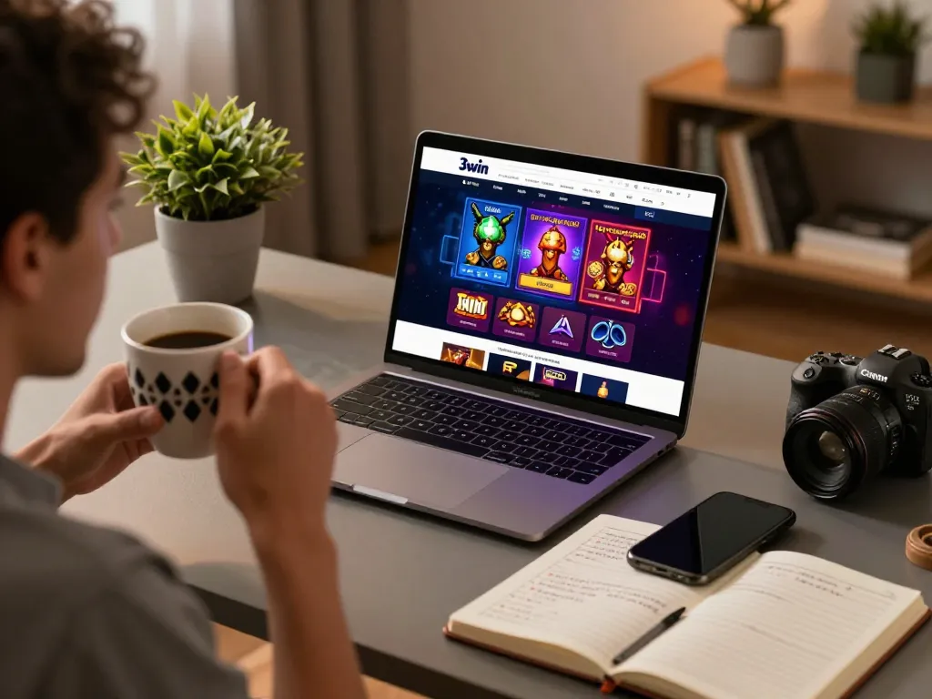 Engaging online gameplay on 3win platform with stylish home setup and strategy notes visible.