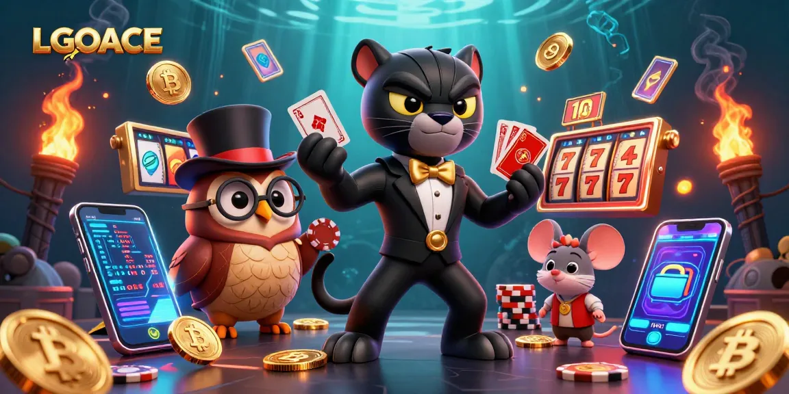 Experience the thrill of LGOACE with a stylish panther dealing cards surrounded by vibrant casino elements.