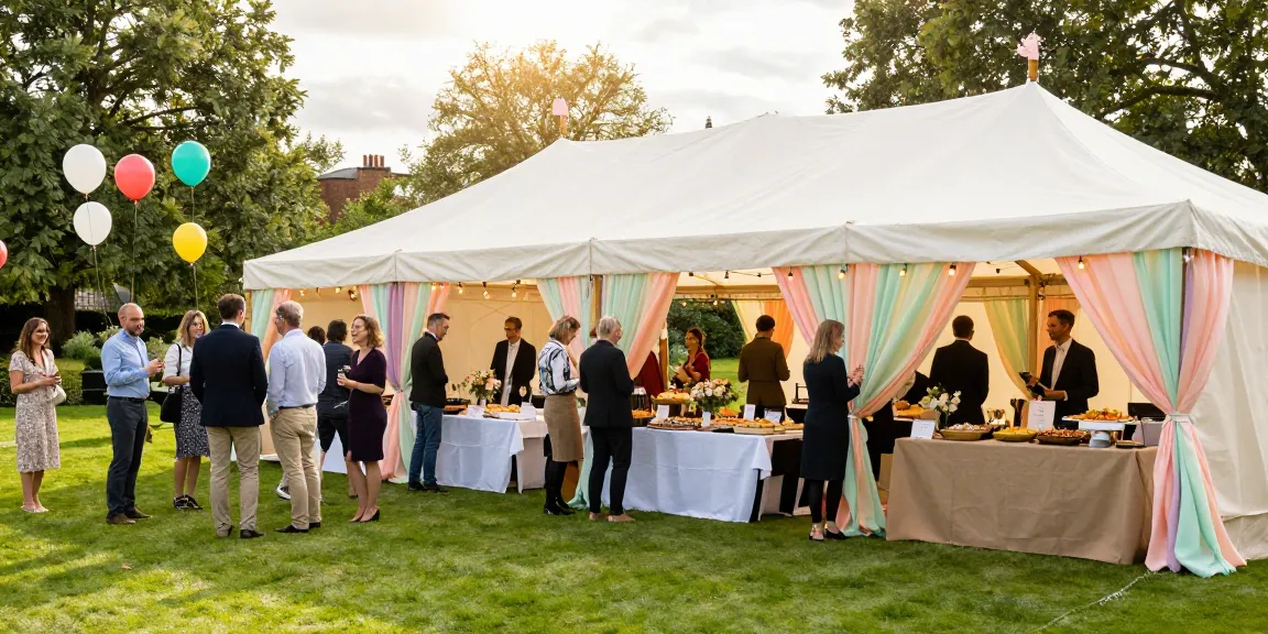 Vibrant marquee hire London setup for an outdoor celebration with guests enjoying the sunny atmosphere.