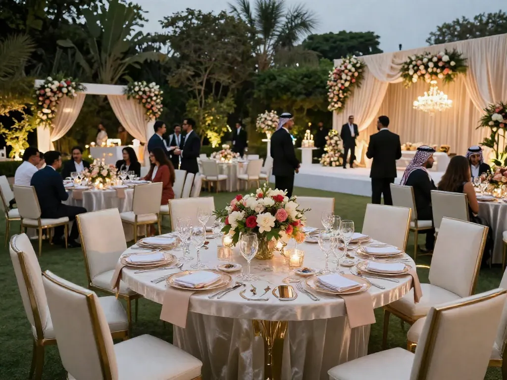 Event furniture rental showcased in a luxurious outdoor dining setup with stylish decor and atmosphere.