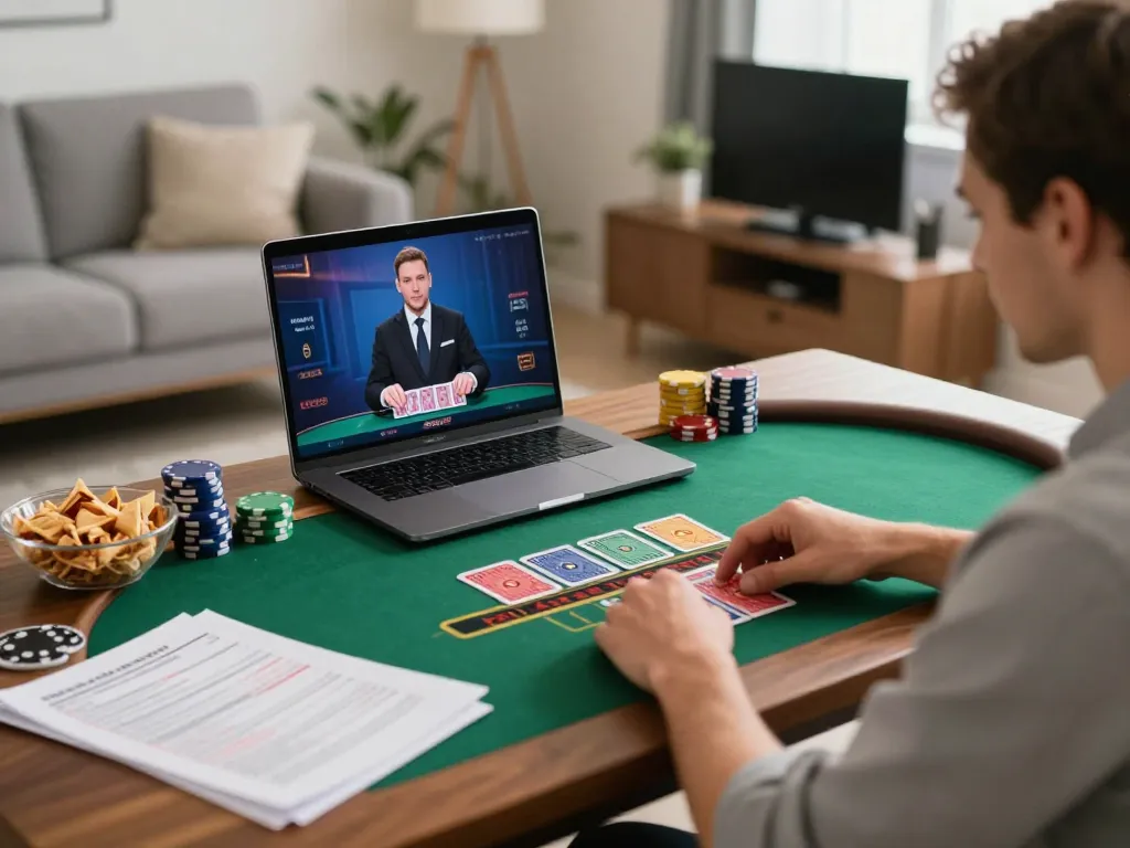 Player enjoying a blackjack game on qh88go with cozy home ambiance and strategic elements visible