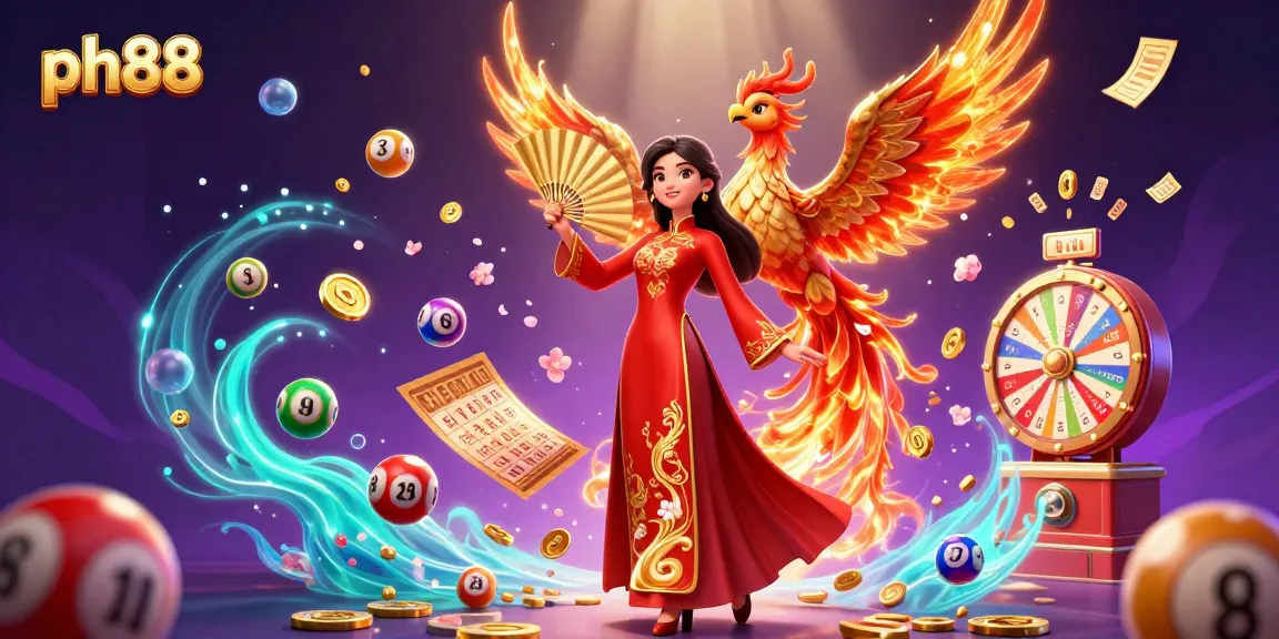 Experience thrilling gaming at ph88 with vibrant lottery balls, a phoenix, and glamorous casino elements.