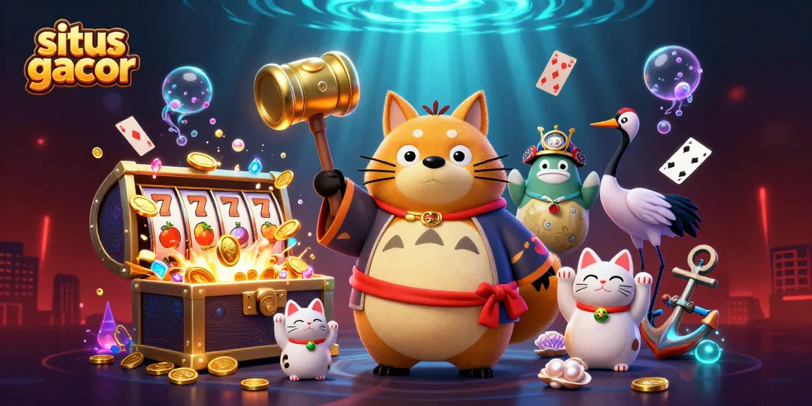Engage with situs gacor featuring a 3D cheerful tanuki and colorful symbols celebrating big wins.