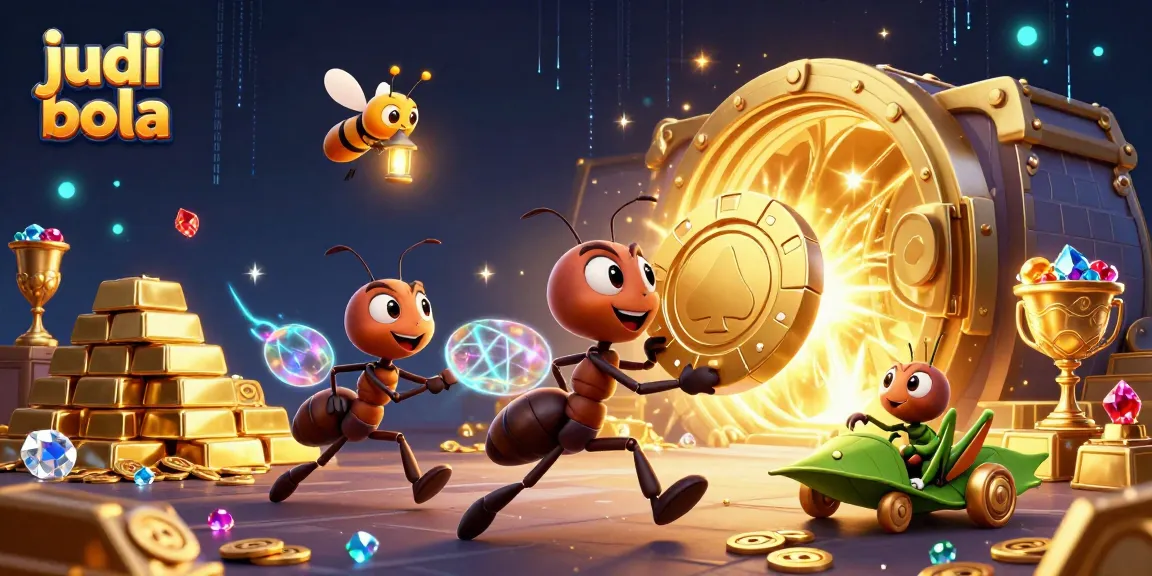 Engage in judi bola action with vibrant ants and treasures amidst dynamic casino symbols.