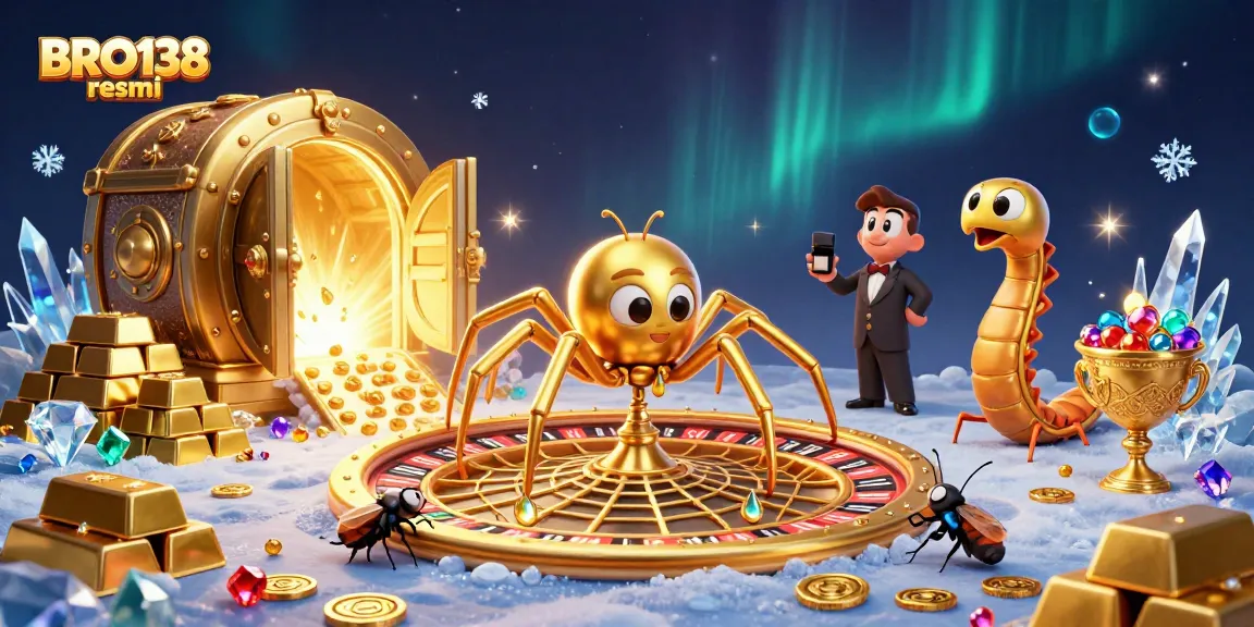 Experience thrilling gameplay with BRO138 resmi as a 3D spider spins a roulette web surrounded by treasures.