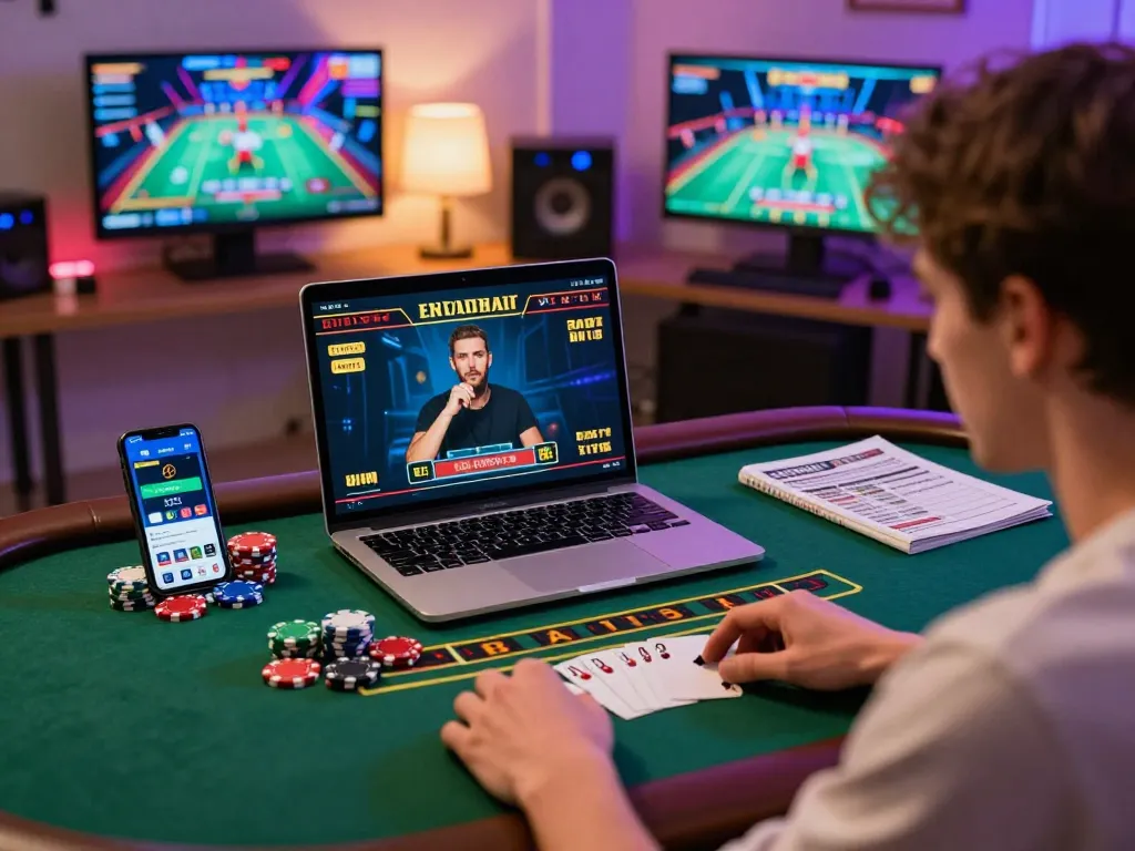 Player engaged in live dealer blackjack on laptop at home, showcasing strategies and gaming immersion with hay88x