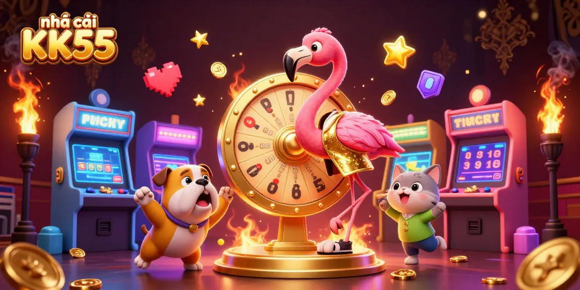 Engage with nhà cái KK55 in this exciting casino-themed illustration showcasing vibrant gaming elements.