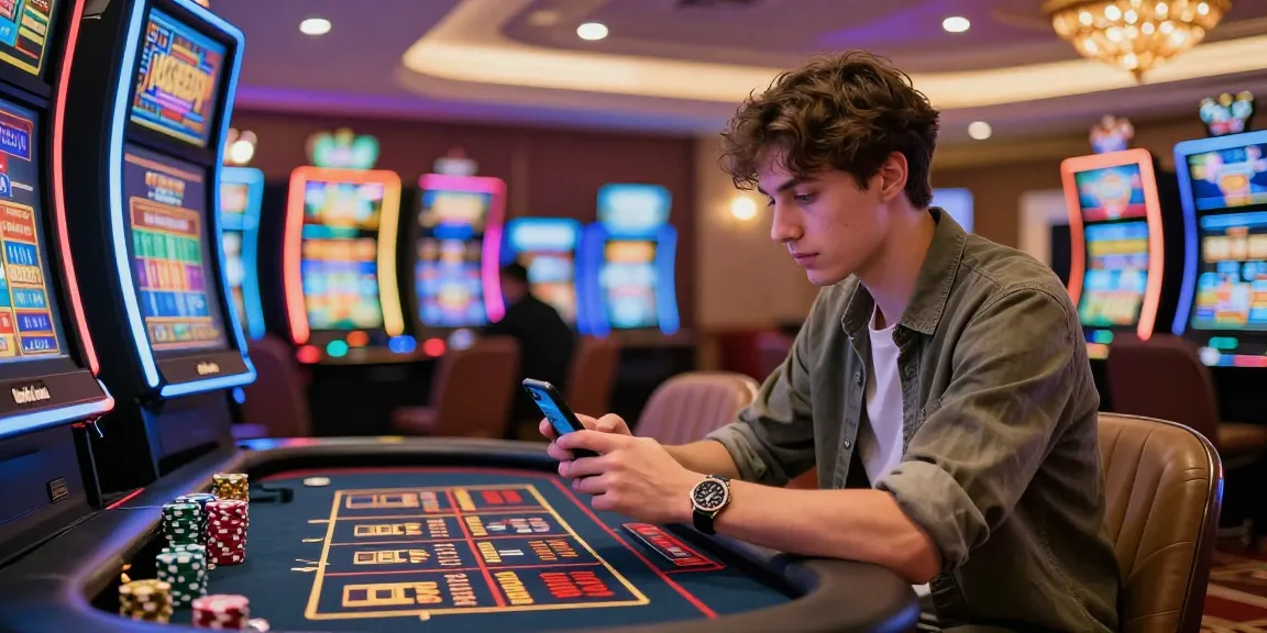 Engaged player at a vibrant casino table using credit card promotions from https://brcs.co.uk/ amidst colorful slot machines.