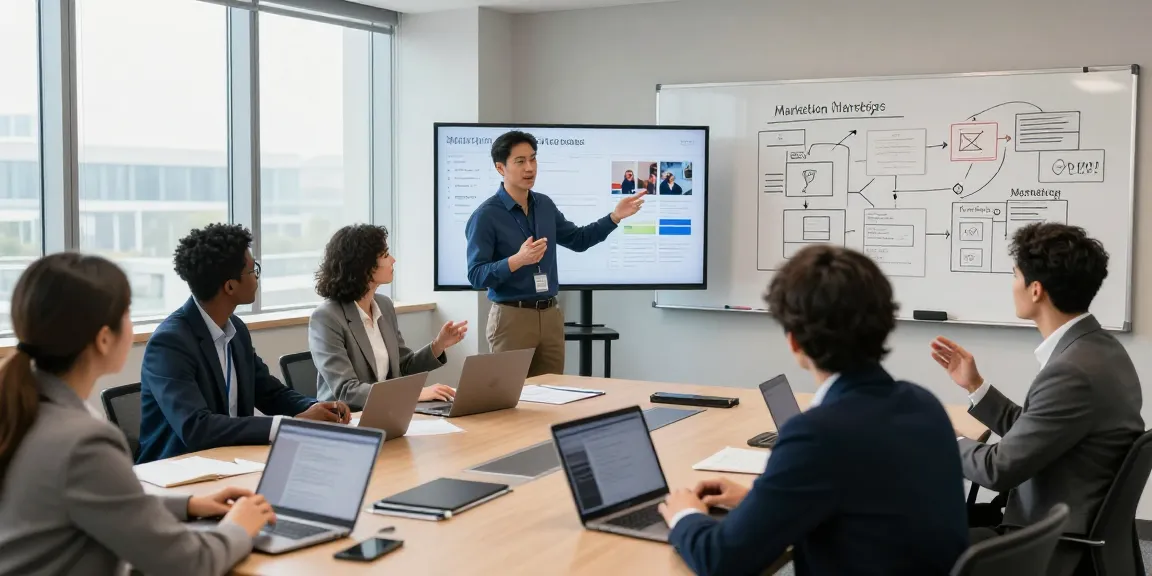 Advanced marketing strategies training workshop with professionals collaborating on strategies and analytics.