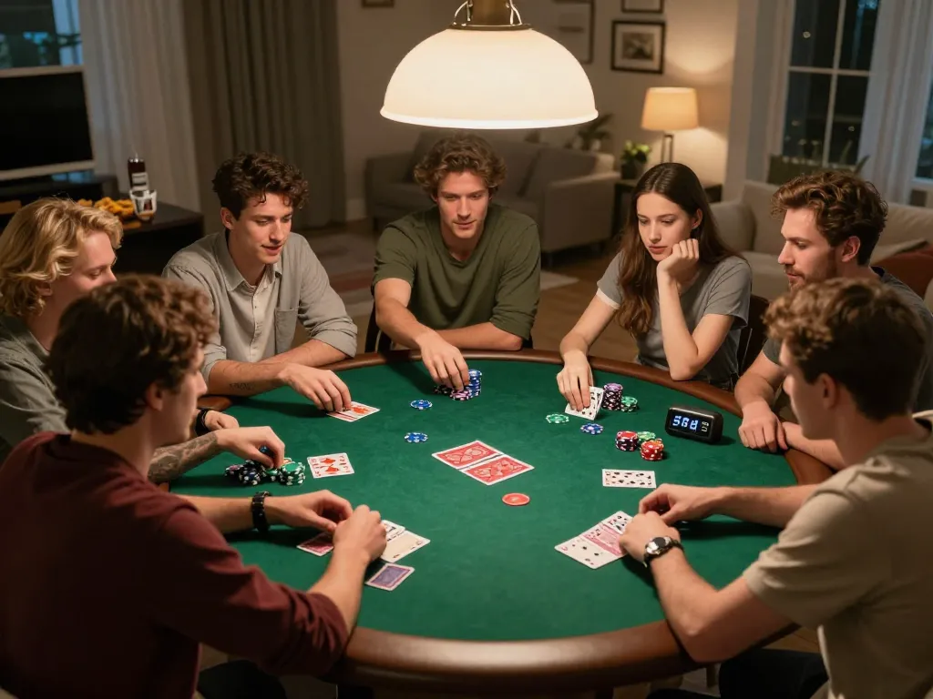 Friends enjoying a poker night with LLwin, showcasing strategic gameplay and social interaction around a round table.